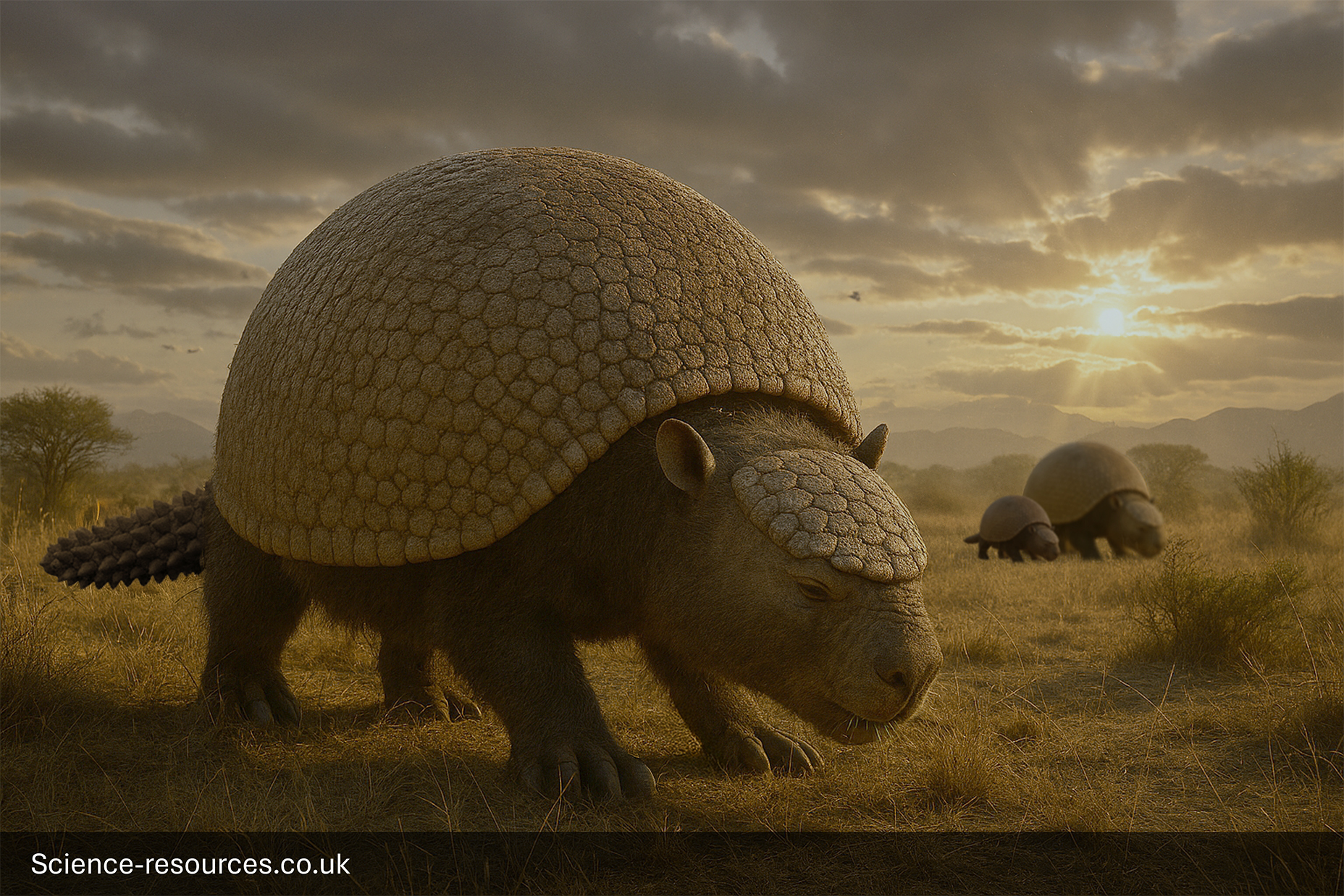 A photorealistic computer-generated image of a Glyptodon, a massive prehistoric armadillo-like mammal, grazing in a grassy savanna at sunset. The Glyptodon in the foreground is covered in a large, domed, bony shell and has a short, armored tail. Two other Glyptodons are visible as blurs in the background. The low sun casts a warm, golden light across the tall grasses, and the sky is filled with clouds.