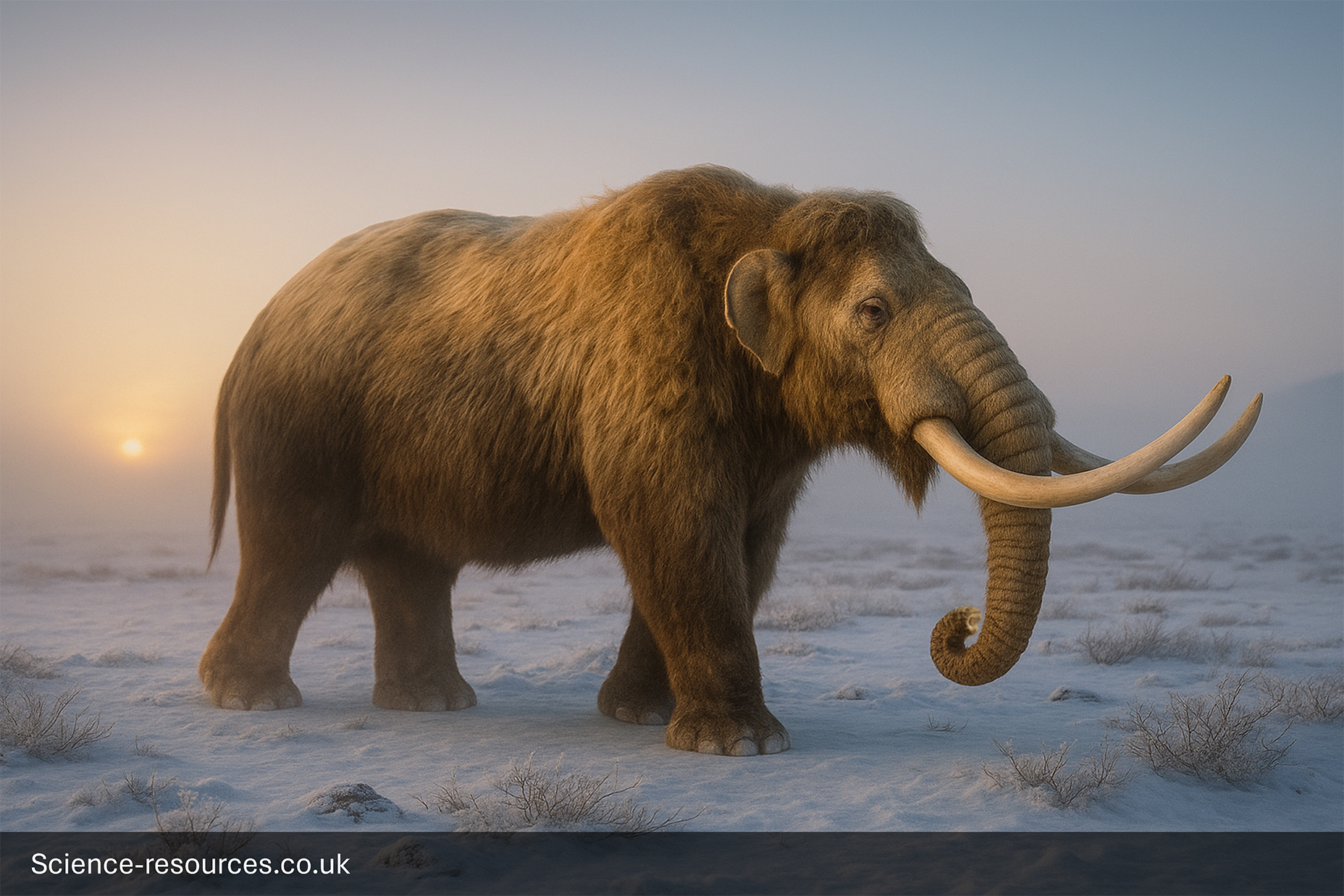 A stunning, photorealistic computer-generated image of a Woolly Mammoth (Mammuthus primigenius), a massive Ice Age elephant, standing on a snowy, desolate tundra plain at sunrise or sunset. The animal is covered in thick, long, reddish-brown fur and has large, curving tusks. The background is hazy and foggy, with the low sun glowing softly near the horizon.